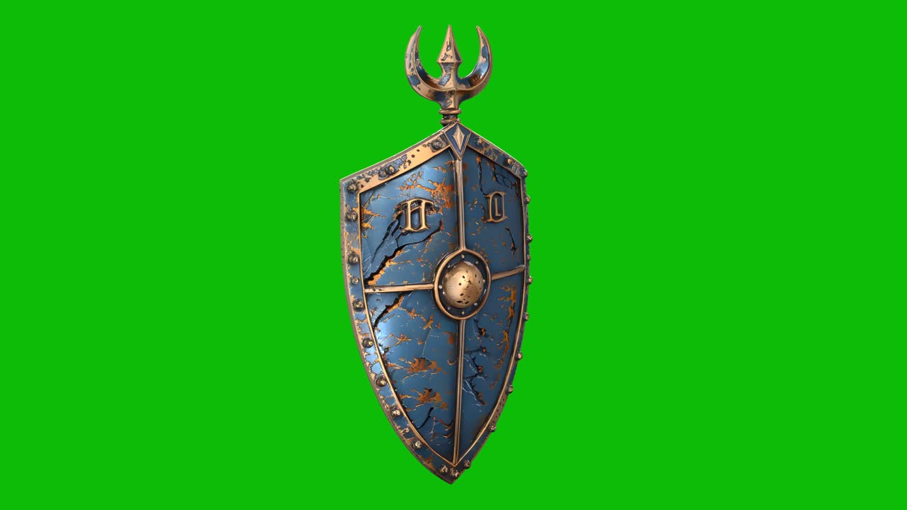 Detailní 3D renderování fantasy štítu, design 02, s opotřebovaným kovovým povrchem, zdobenými nýty, zářícím znakem, izolované na zeleném pozadí. Ideální pro fantasy hry, epické projekty a VFX kompozice.