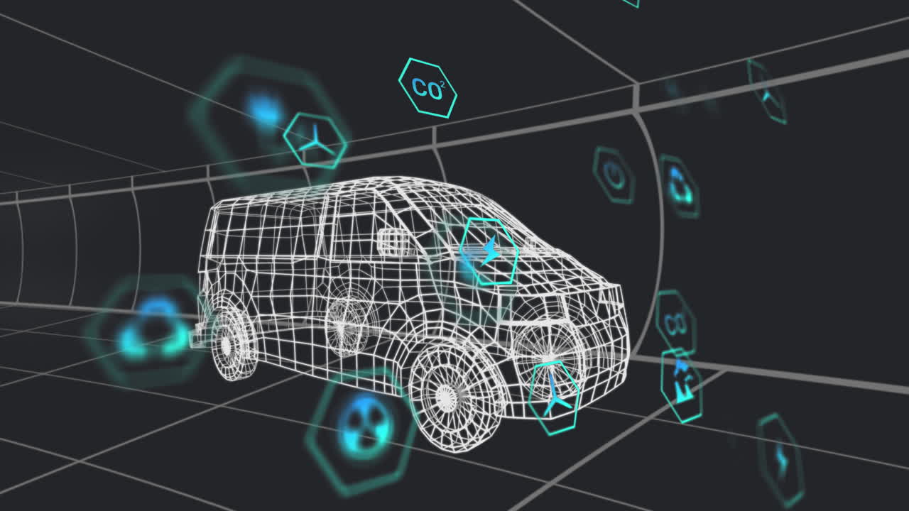 animación de múltiples iconos digitales sobre un modelo de furgoneta 3d que se mueve en un patrón sin costuras en un túnel