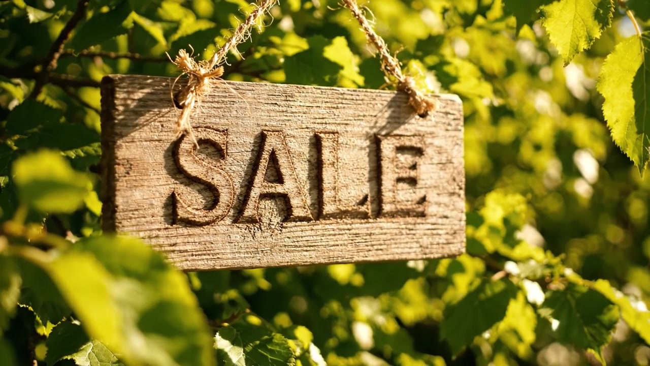 Un Cartello di Legno Rustico Appeso tra una Lussureggiante Vegetazione Verde, che Annuncia in Modo Evidente una Vendita con Elementi Naturali che lo Circondano per Indicare un'Offerta Stagionale
