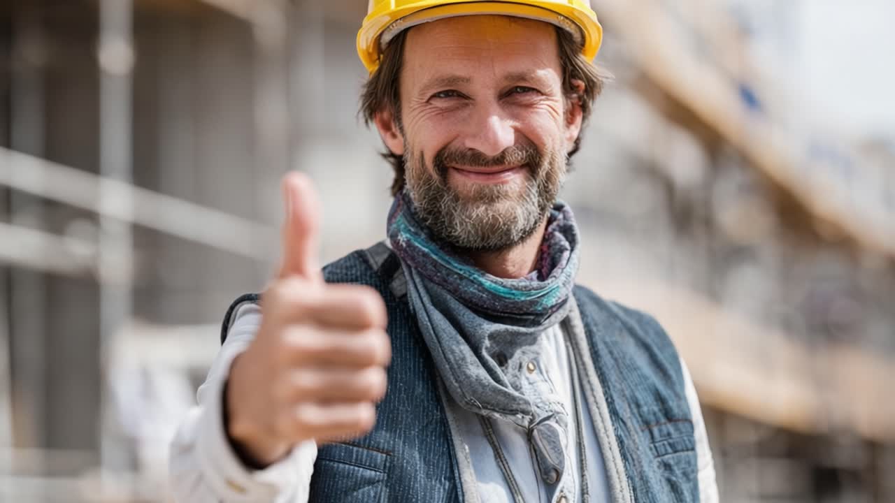 A Joyful Construction Worker in Safety Gear Giving a Thumbs-Up on a Construction Site, Showcasing Enthusiasm and Professionalism in the Building Industry