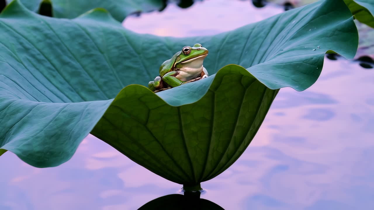 Green Frog on a Lotus Leaf in a Pond