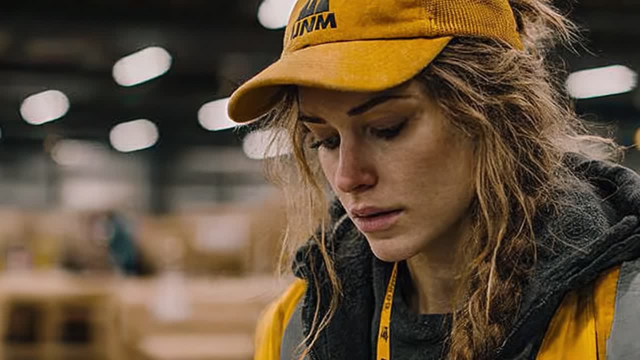 A focused young woman in a bustling warehouse environment quietly contemplates her tasks while donning a bright yellow cap and work attire, embodying dedication and determination