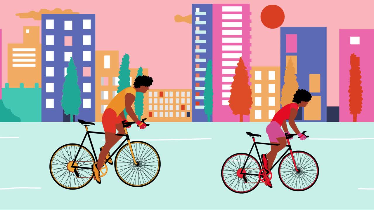 African American man and woman cyclists is riding bicycle in the summer empty city during sunset. Cartoon animation, flat design, loop 4k