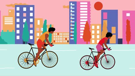 african american man and woman cyclists is riding bicycle in the summer empty city during sunset. cartoon animation, flat design, loop 4k