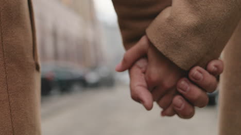 close-up view of african american man and caucasian woman holding hands in the street in autumn