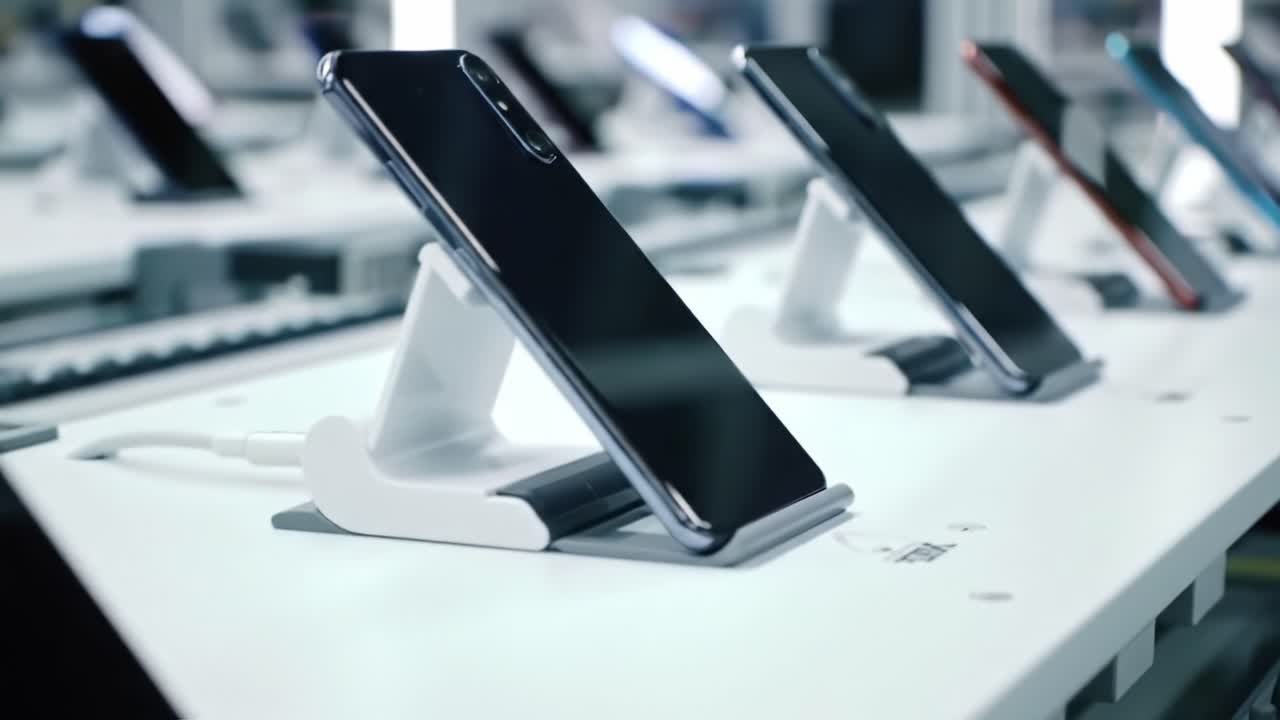 A Display of Modern Smartphones: Sleek Designs and Charging Stands Showcase the Future of Mobile Technology in a Retail Environment