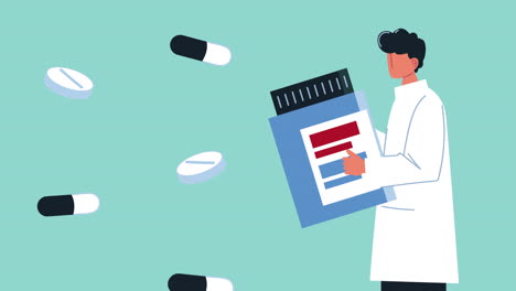 doctor with bottle drugs and pills character