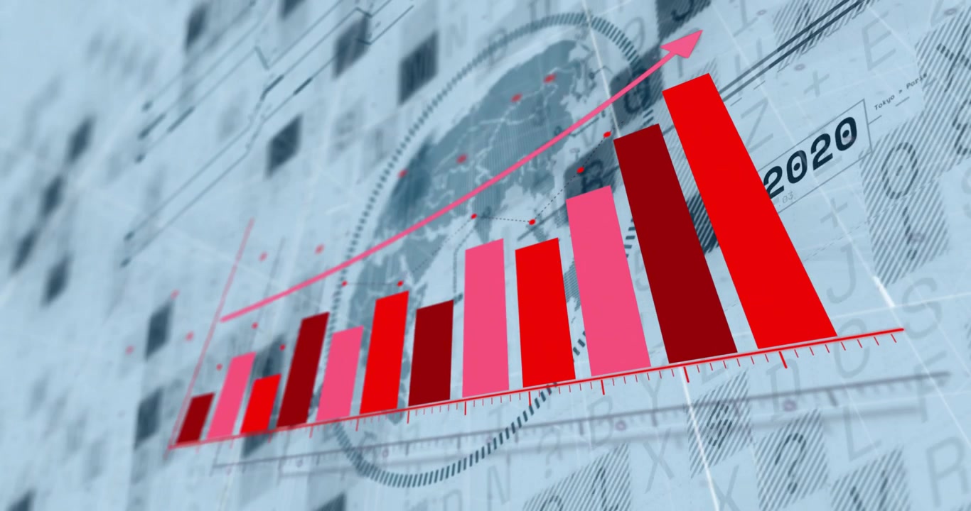 Red baseline emerging and bars animating upward year by year while line arrow highlighting trend