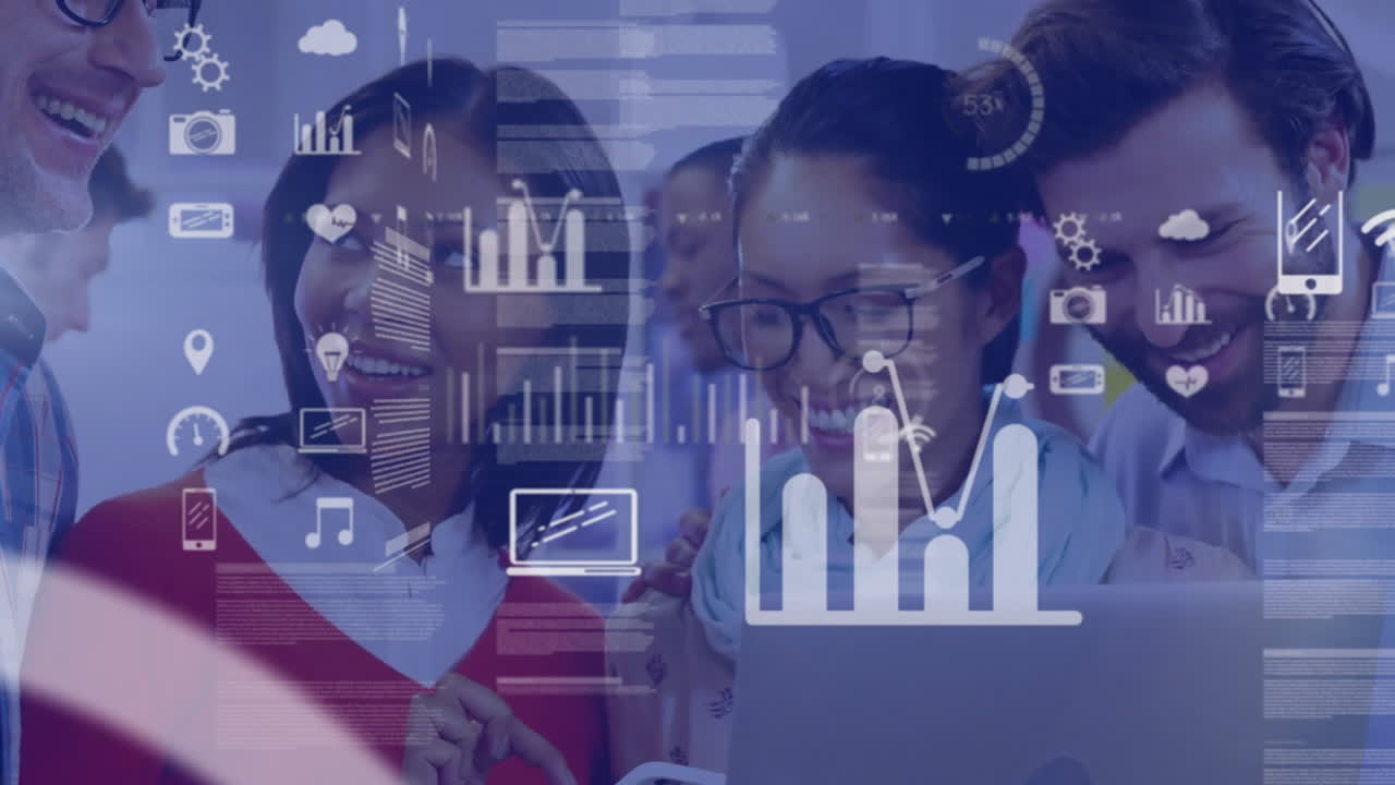 Animation of icons, graphs and trading board over diverse coworkers sharing ideas in office