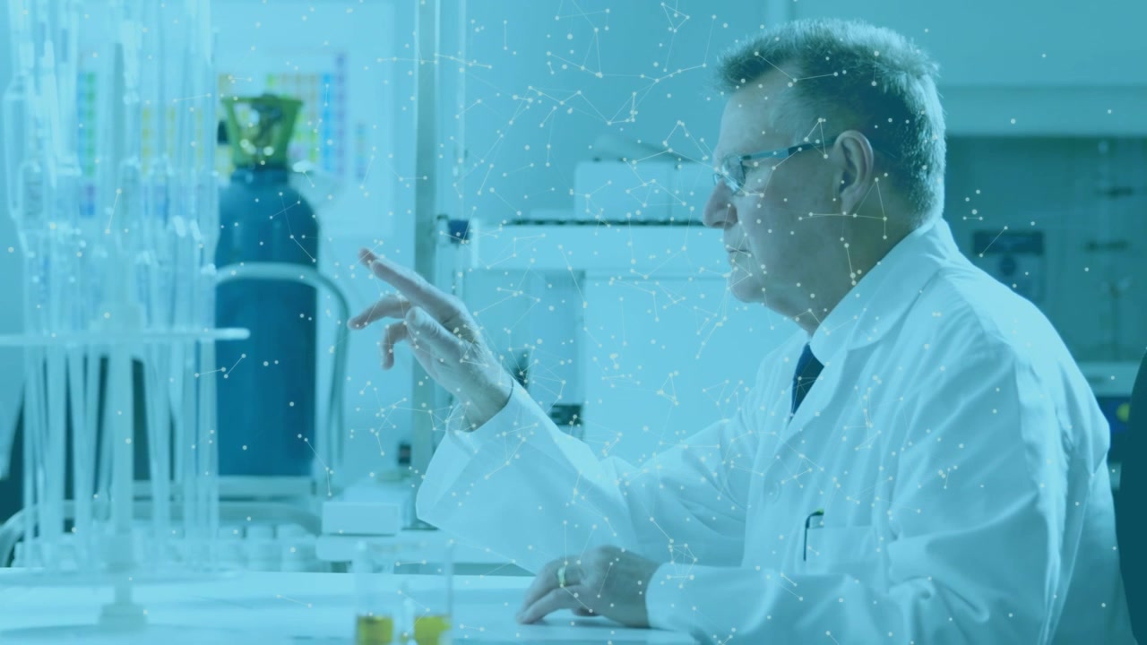 Scientist Interacting with Digital Data Interface in Laboratory