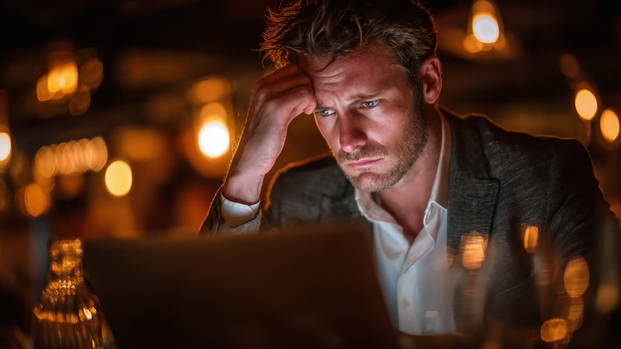 A Focused Individual Analyzing Information on a Laptop, Capturing the Essence of Thoughtful Concentration and Emotional Reflection in a Warm, Dimly Lit Environment