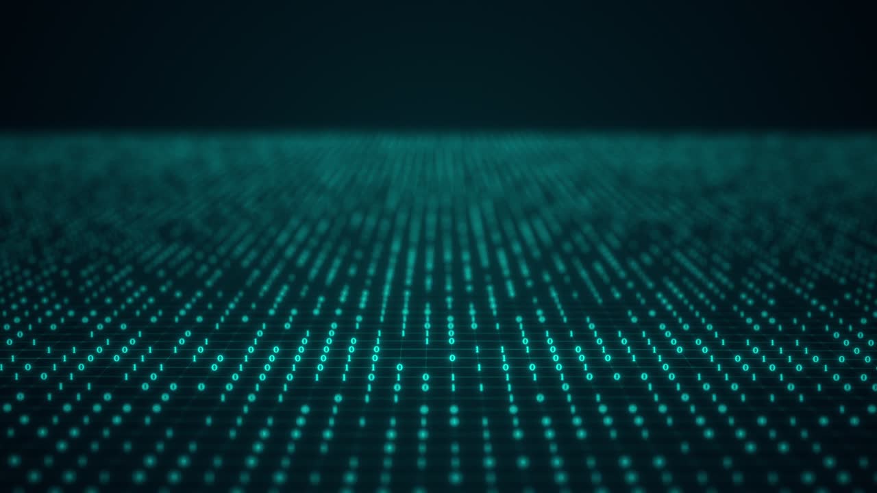 Flying over digital number code green color screen