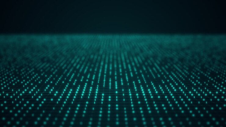Flying over digital number code green color screen