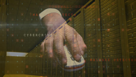 Animation of security warnings over hand using computer mouse, server room and data processing