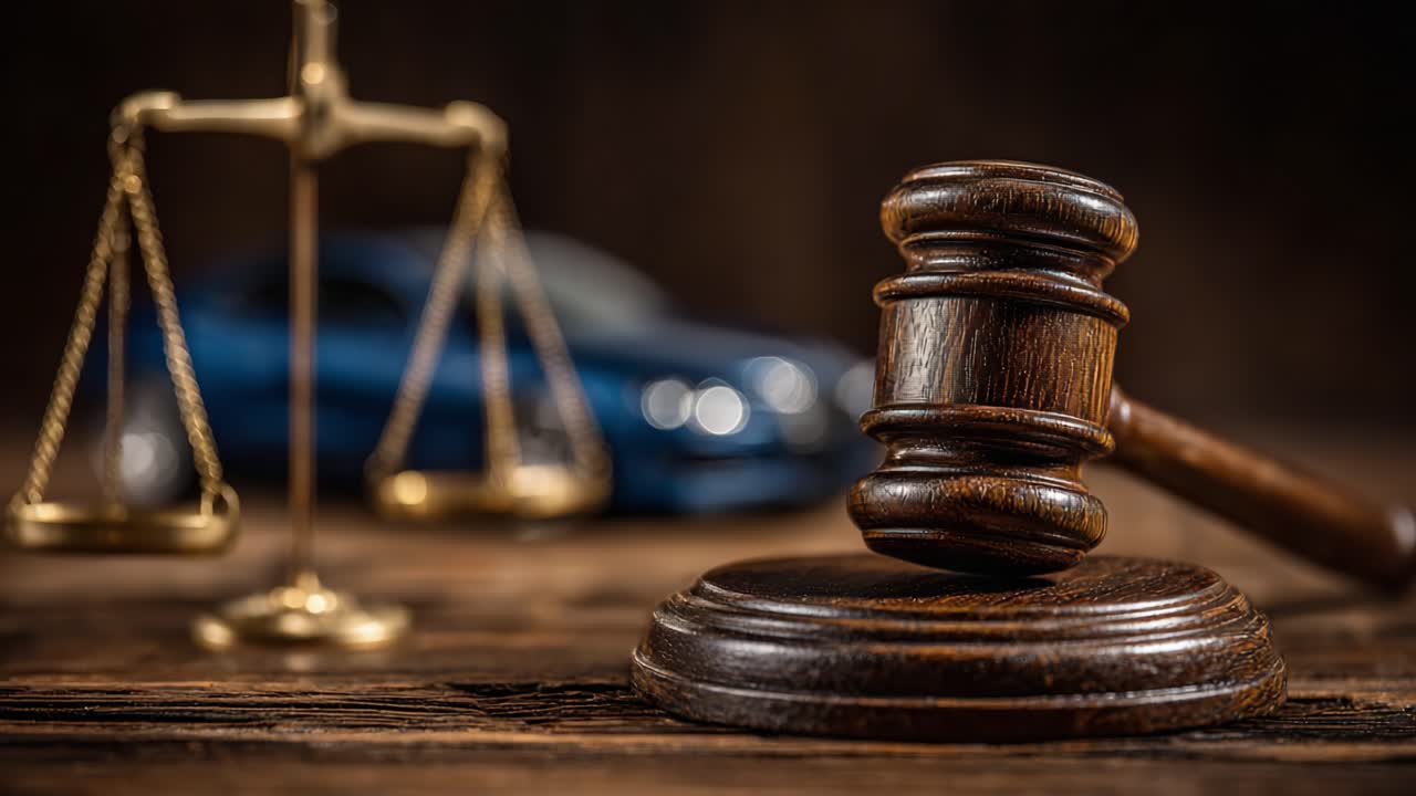 Giustizia in Movimento: L'Interazione tra Legge e Sicurezza Automobilistica Rappresentata da un Martelletto, dalla Bilancia della Giustizia e da un'Auto in una Narrazione Visiva Accattivante