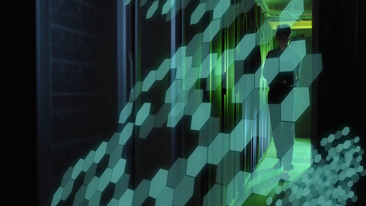 Animation of shapes moving over asian male worker in server room