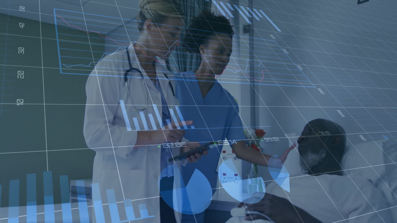 Female doctor using tablet while nurse studying display in hospital room, showing floating charts