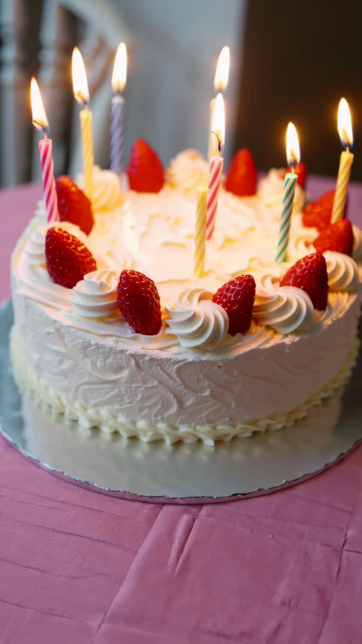Birthday Cake with Lit Candles and Strawberries
