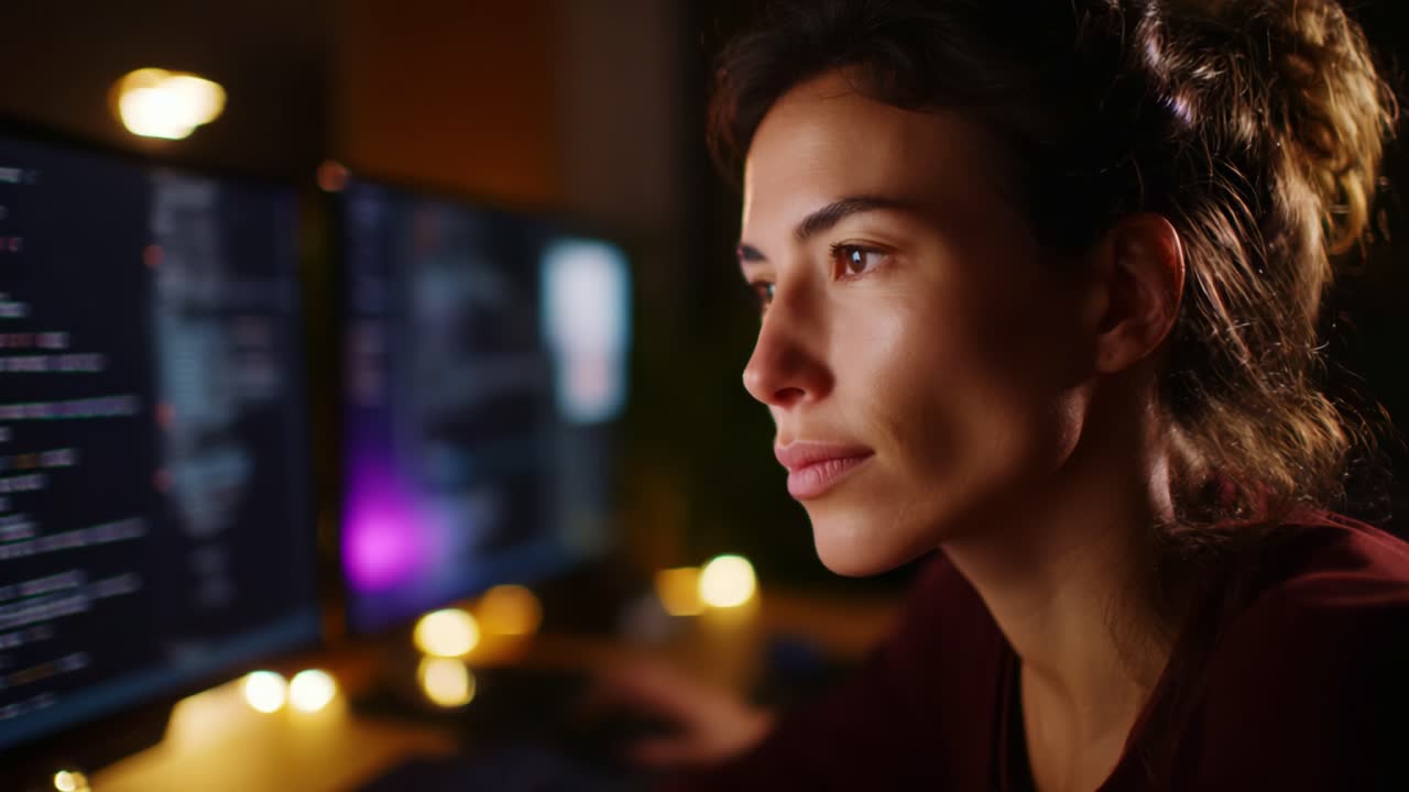 Focused Woman Working Late at Night on Computer Programming with Dual Monitors, Highlighting Coding and Software Development in a Home Office Setting