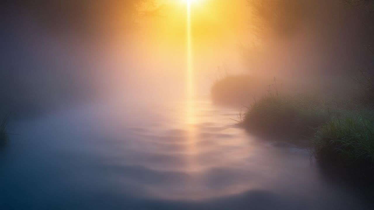 A Serene Morning Landscape: Misty River Awash with Soft Sunlight Breaking through Fog, Illuminating Tranquil Waters and Lush Greenery in Ethereal Beauty