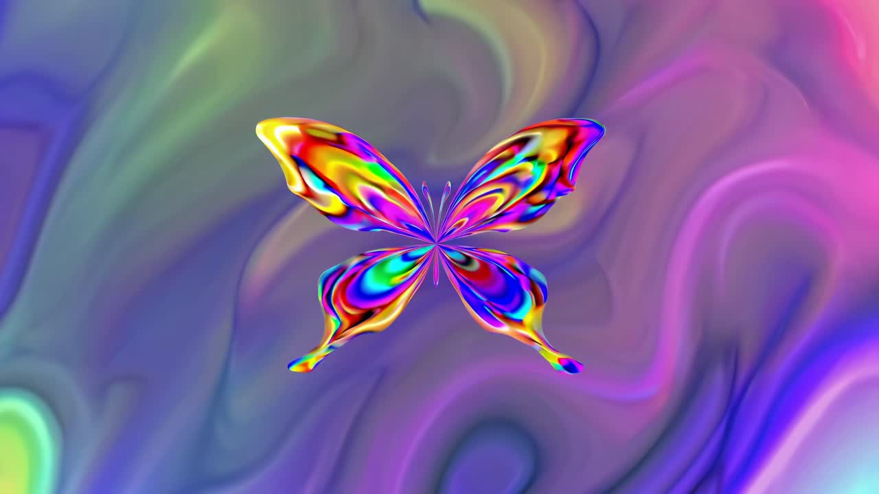 Vibrant butterfly with rainbow colors on a swirling abstract background