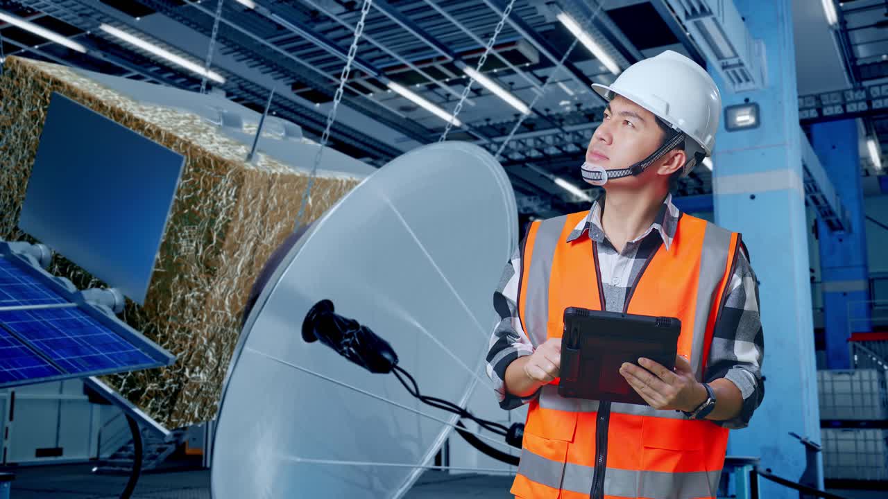 ingeniero que inspecciona el equipo de satélite en una instalación