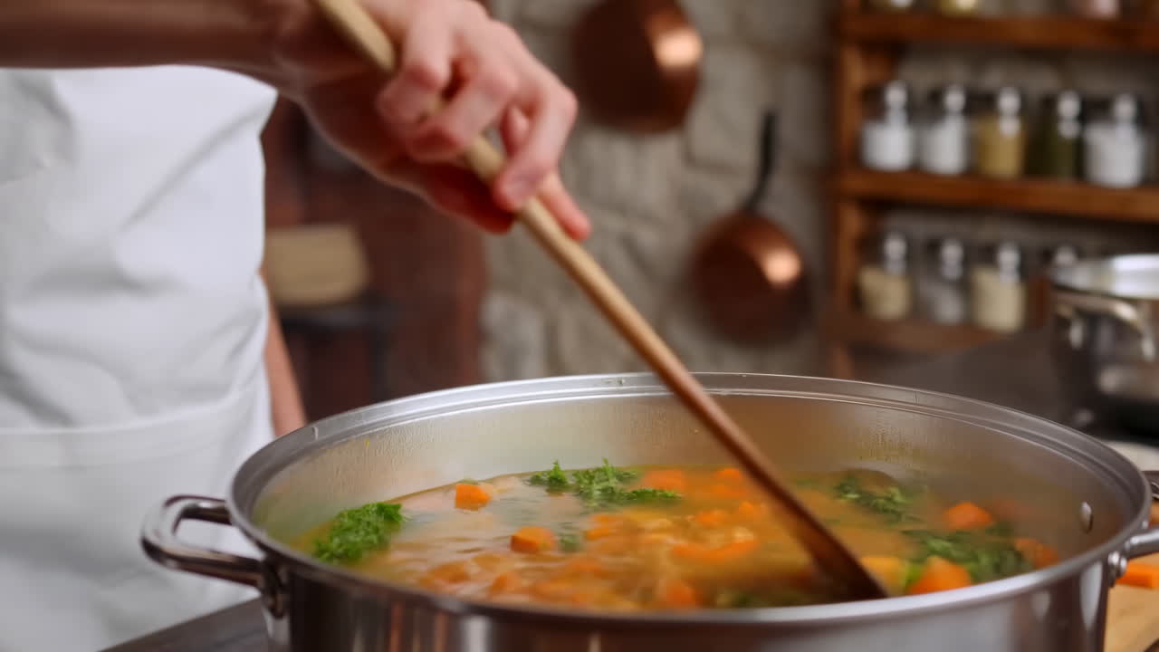 Primo piano di mano che mescola zuppa di verdure salutare in una pentola