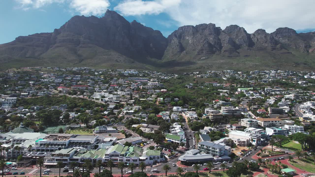 Hovering drone shot of Cape Town, South Africa from the Camps Bay Beach Area