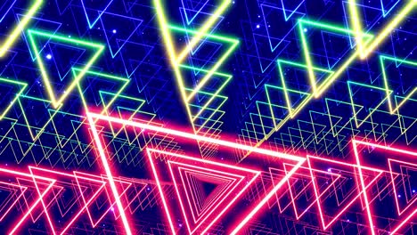motion design array of triangle, camera flies and rotates in digital sci-fi space with neon light and hologram objects. hi tech concept, abstract futuristic looped background. motion graphic. vj loop.