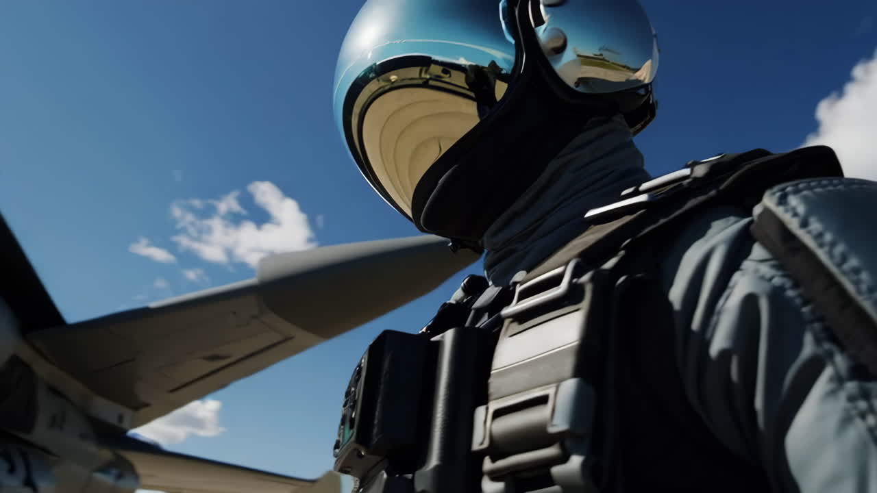 Pilot in flight suit next to fighter jet