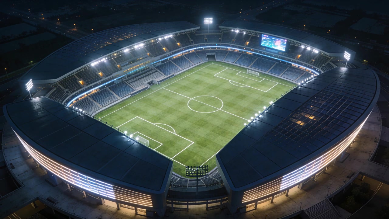 Drone che riprende uno stadio di calcio vuoto e illuminato fuori orario, mostrando i riflettori e il tabellone segnapunti