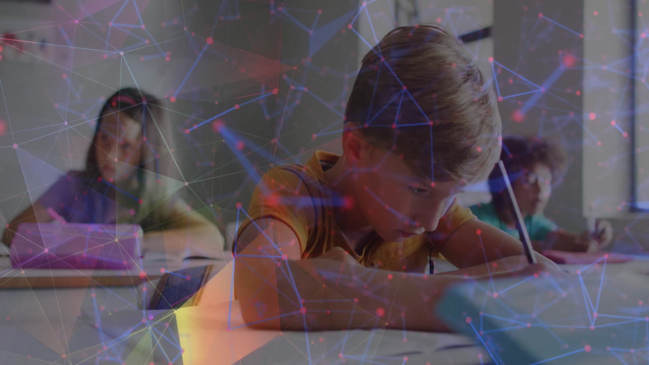Animation of colourful networks of connections over diverse schoolchildren working at desks in class