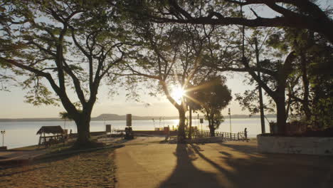 Ein-Unglaublicher-Sonnenuntergang-Durch-Bäume-An-Einem-Nebligen-Abend-San-Bernardino,-Paraguay