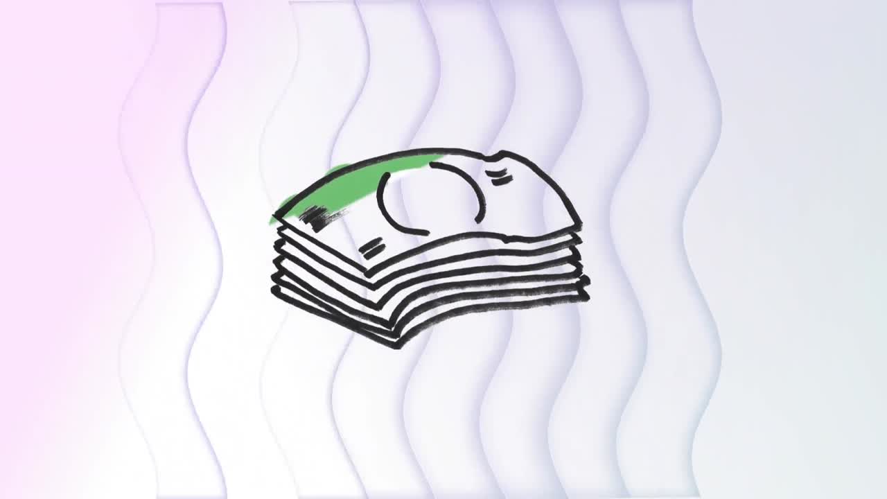 animación de billetes de dólar dibujando sobre patrones de ondas contra un fondo blanco.