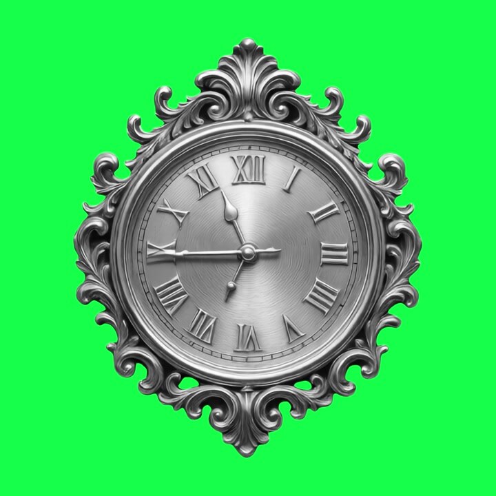 Ornate Silver Wall Clock Ticking on Green Screen Background