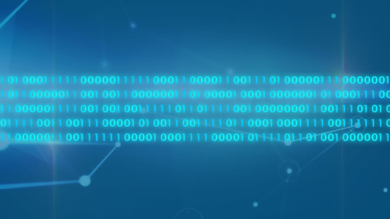 Animation of binary coding, network of connections and light trails against blue background