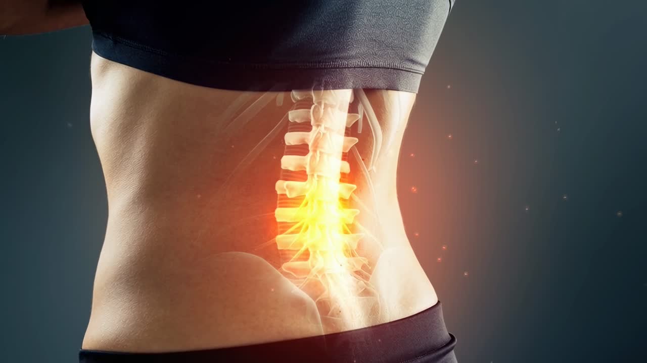 Side angle video showing a woman's lower back with an X-ray effect highlighting the spine