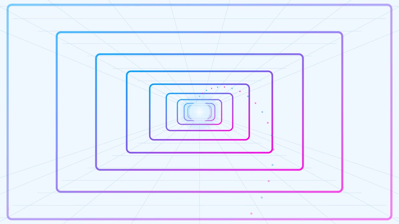 Abstract Tunnel of Glowing Neon Rectangles with Floating Particles