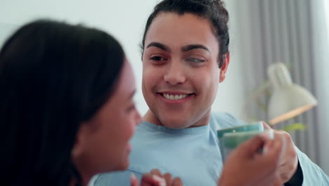 Man-smile,-coffee-and-happy-couple-at-home