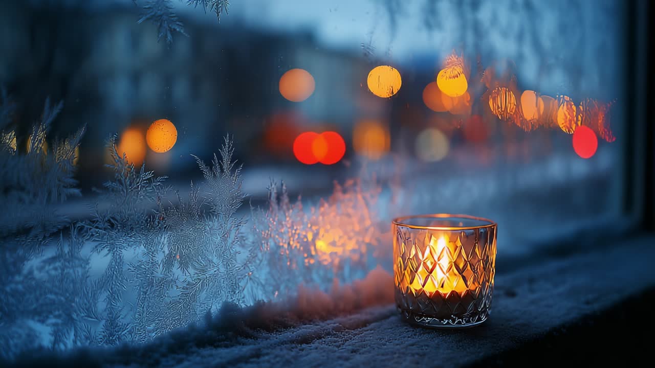 A serene winter evening scene featuring a glowing candle placed on a chilly windowsill, surrounded by frost patterns and blurred, colorful city lights outside—capturing the essence of warmth amidst the cold