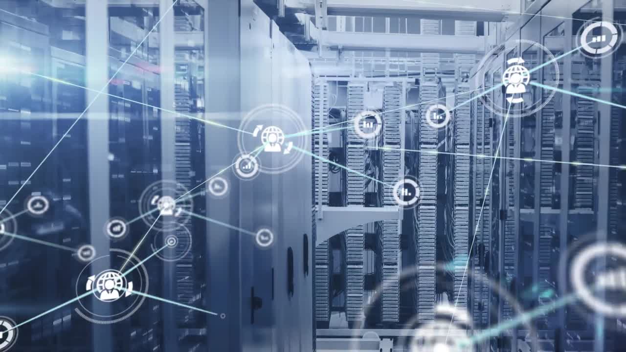 Animation of network of connections with icons and moving columns over server room