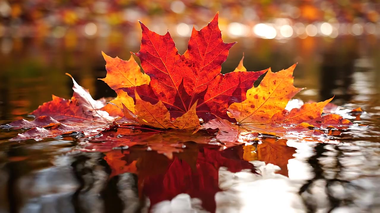 Vibrant Red Maple Leaf Floating on Still Water Surface