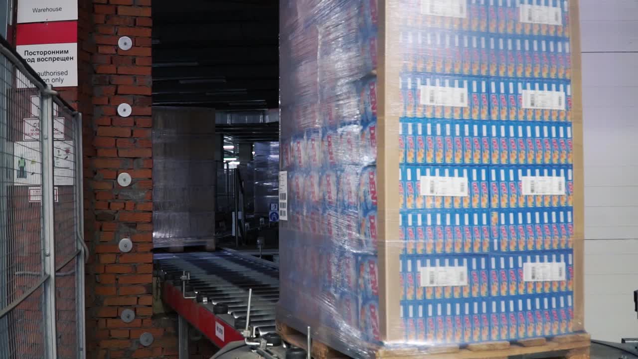 pallet con mercancías envasadas en una cinta transportadora en un almacén