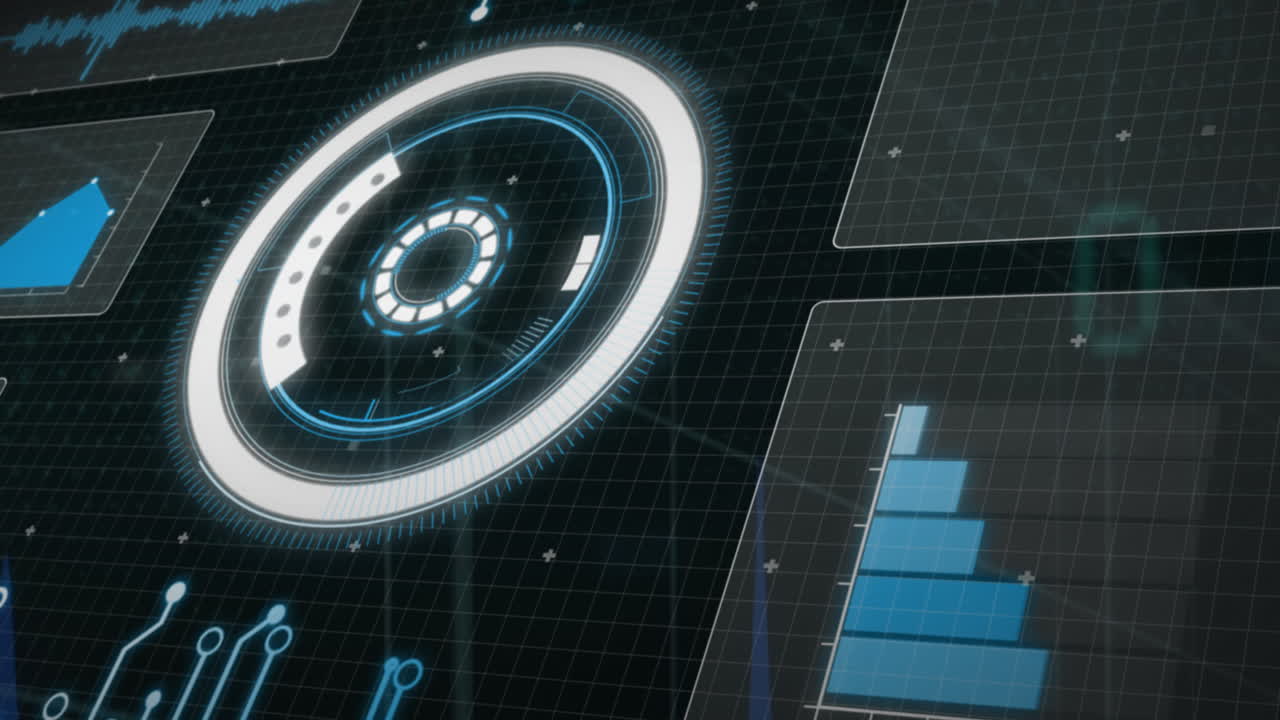 animación de la interfaz con escáner redondo y procesamiento de datos contra un fondo negro