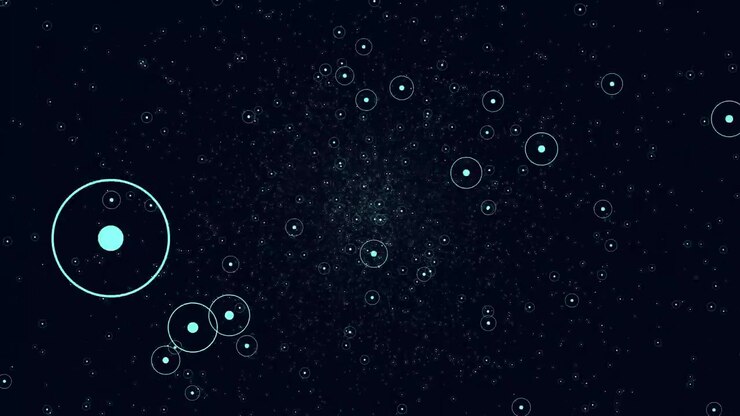 Night galaxy with flying random neon glitters and stars