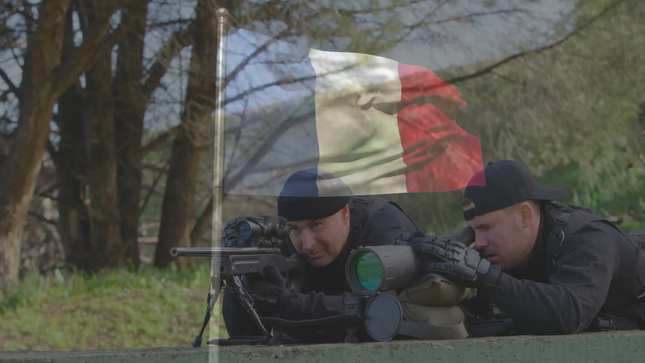 Aiming rifles, two people in tactical gear with animation of Italian flag overlay