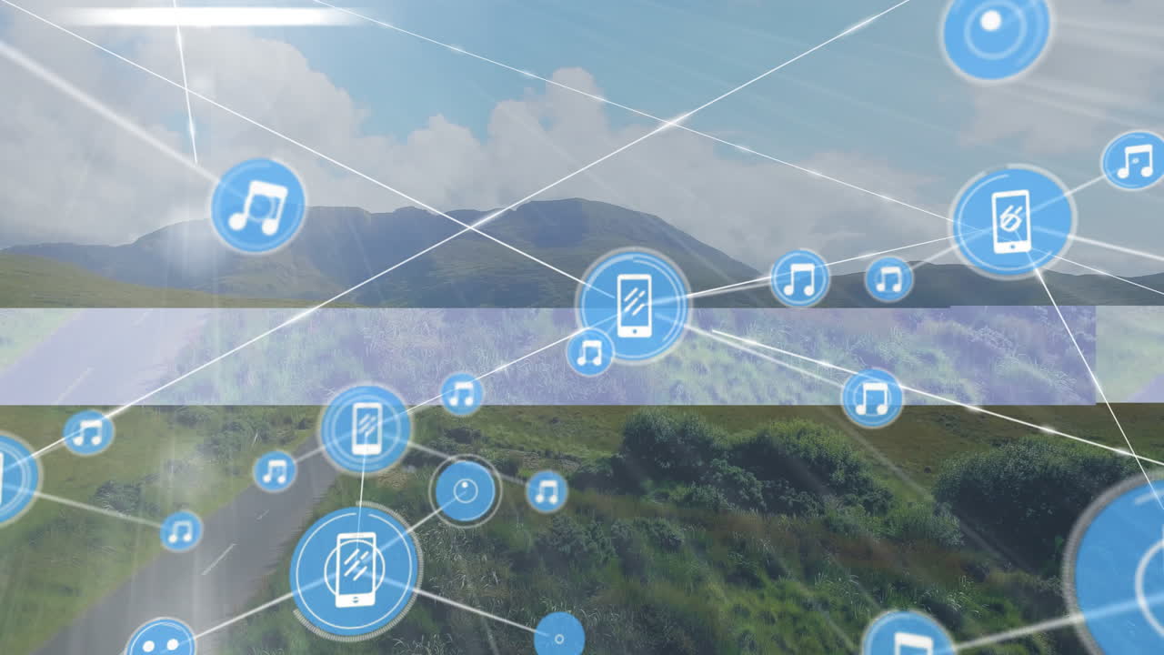 Animation of digital network with music and phone icons over mountain landscape