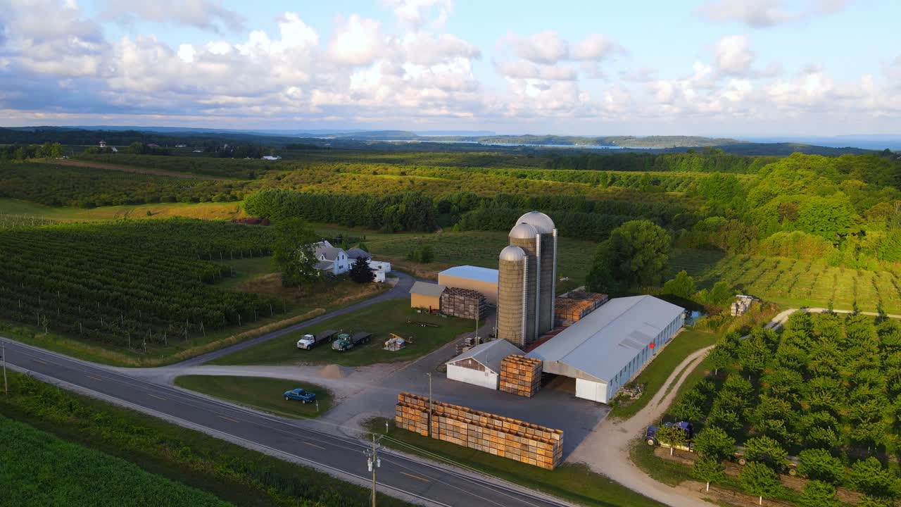 Silos and farm buildings in Michigan, USA, aerial drone view