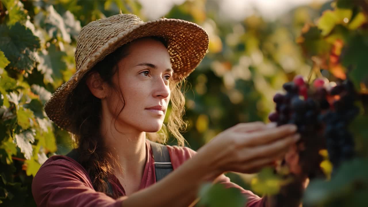 A diligent woman carefully inspects her harvest of ripe grapes while nestled among lush vineyard rows, highlighting the beauty of sustainable agriculture and nature's bounty