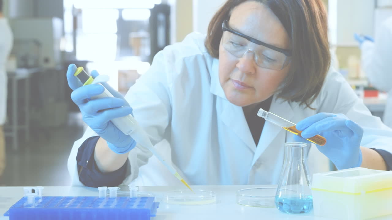 animación de formas rojas sobre diversos científicos en el laboratorio